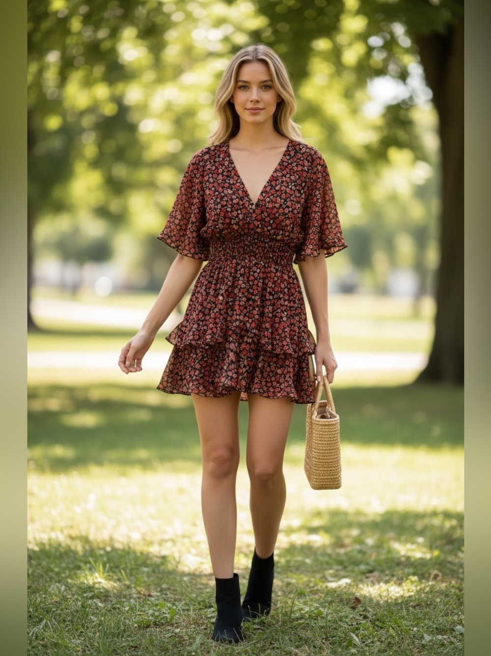 Zara Pleated V-Neck smocked Waist Floral Dress Size Small